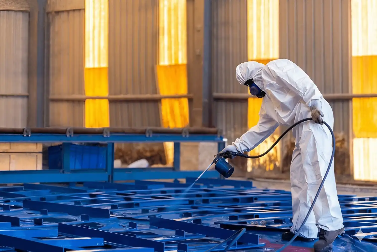 Operario con traje de protección aplicando esmalte industrial mediante pulverización sobre estructuras metálicas azules en un taller de Asturias.