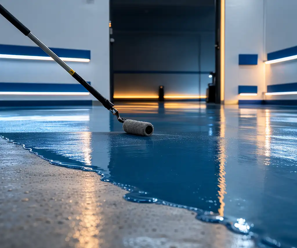 Aplicación de pintura epoxi azul brillante en un suelo de hormigón con un rodillo de extensión, creando un revestimiento moderno y duradero para un espacio interior.
